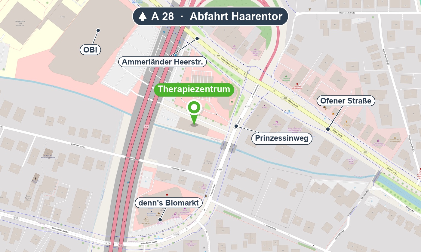 Kartenausschnitt mit dem Standort des Therapiezentrums am Westkreuz, Prinzessinweg 6 in Oldenburg